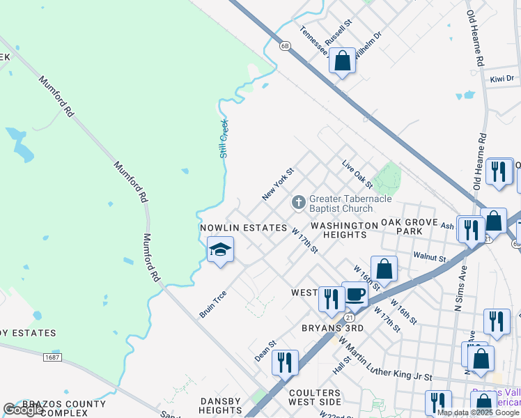 map of restaurants, bars, coffee shops, grocery stores, and more near 1002 New York Street in Bryan