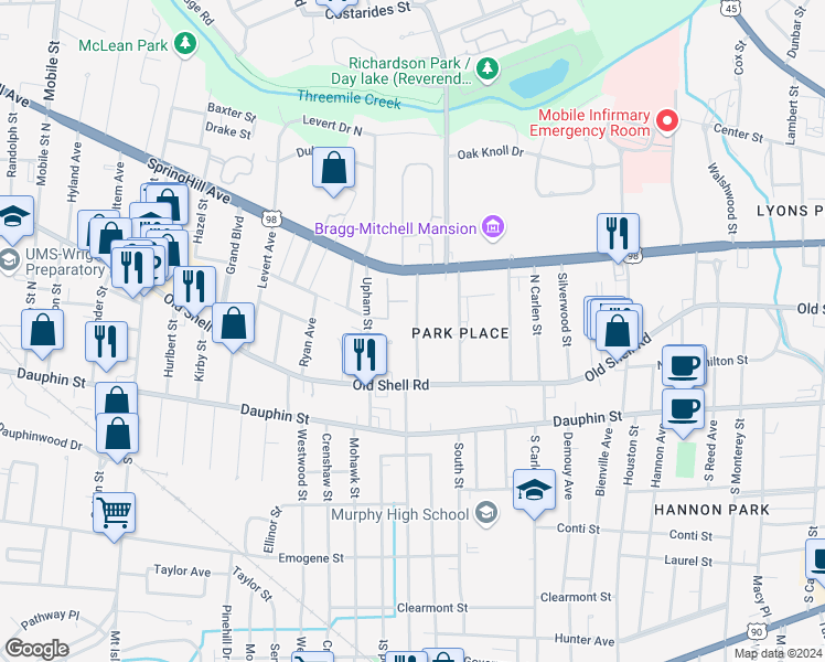 map of restaurants, bars, coffee shops, grocery stores, and more near 123 Florence Place in Mobile