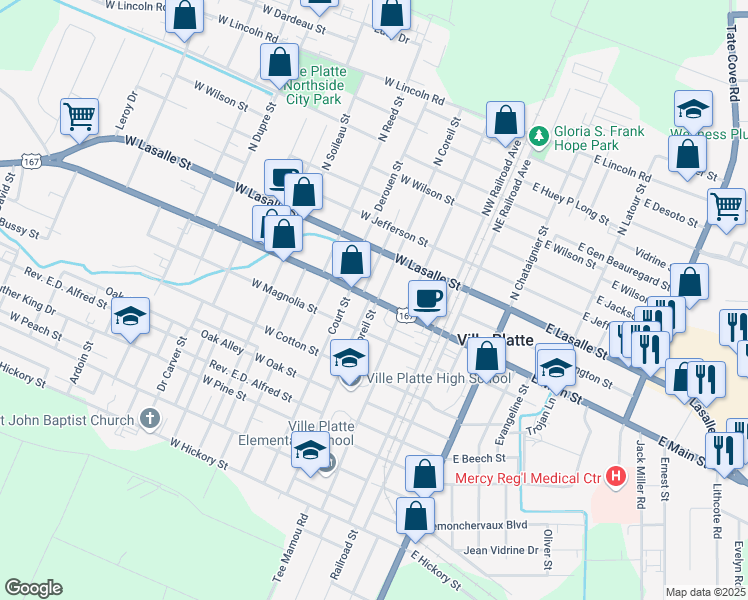 map of restaurants, bars, coffee shops, grocery stores, and more near 342 West Main Street in Ville Platte