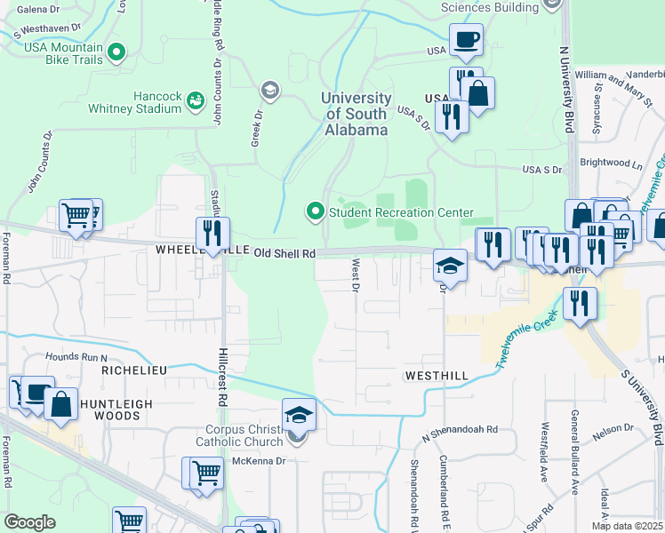 map of restaurants, bars, coffee shops, grocery stores, and more near 6201 Old Shell Road in Mobile
