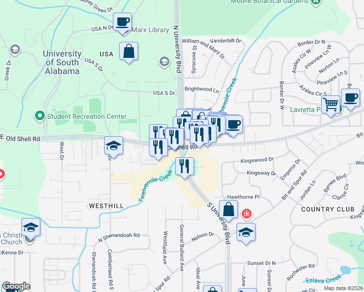 map of restaurants, bars, coffee shops, grocery stores, and more near 5660 Old Shell Road in Mobile