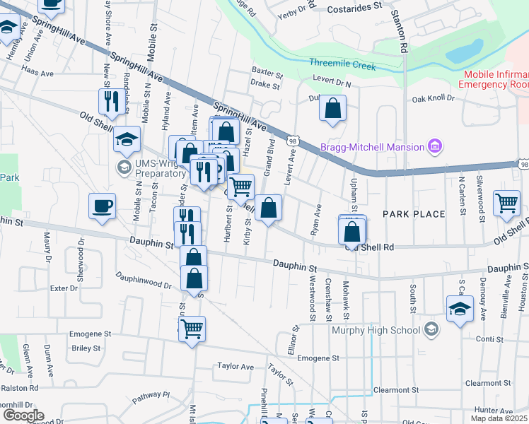 map of restaurants, bars, coffee shops, grocery stores, and more near 112 Grand Boulevard in Mobile
