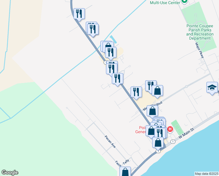 map of restaurants, bars, coffee shops, grocery stores, and more near 151 Grezaffi Drive in New Roads