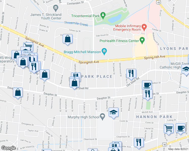 map of restaurants, bars, coffee shops, grocery stores, and more near 123 Tuscaloosa Street in Mobile