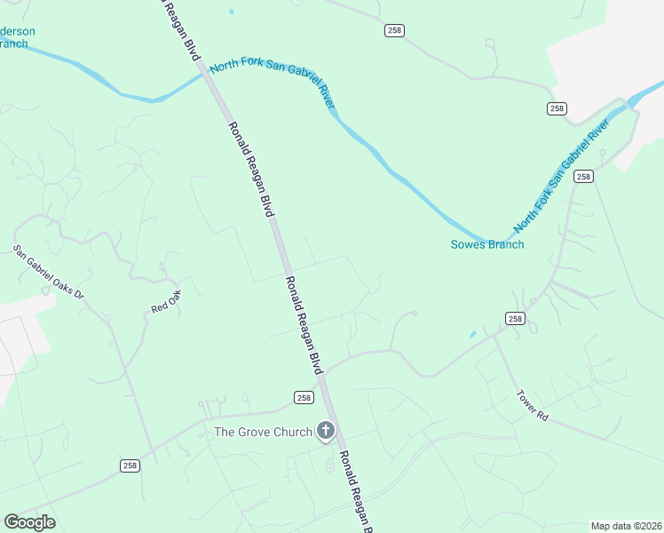 map of restaurants, bars, coffee shops, grocery stores, and more near Ronald Reagan Boulevard in Liberty Hill