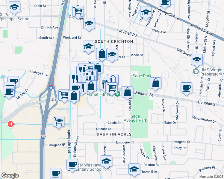 map of restaurants, bars, coffee shops, grocery stores, and more near 3081 Dauphin Street in Mobile