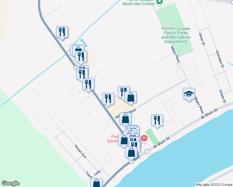 map of restaurants, bars, coffee shops, grocery stores, and more near 500 Hospital Road in New Roads
