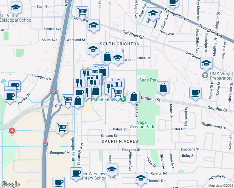 map of restaurants, bars, coffee shops, grocery stores, and more near 3081 Dauphin Street in Mobile