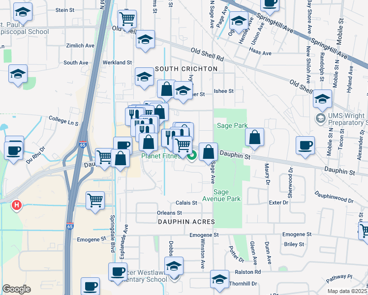 map of restaurants, bars, coffee shops, grocery stores, and more near 3081 Dauphin Street in Mobile