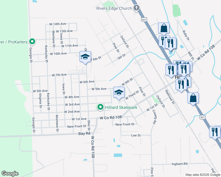 map of restaurants, bars, coffee shops, grocery stores, and more near 8221 West 5th Avenue in Hilliard