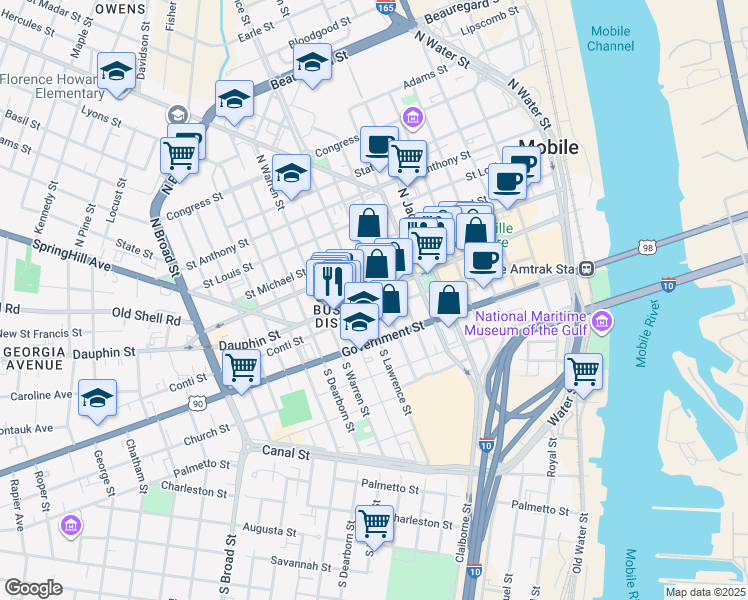 map of restaurants, bars, coffee shops, grocery stores, and more near 420 Dauphin Street in Mobile