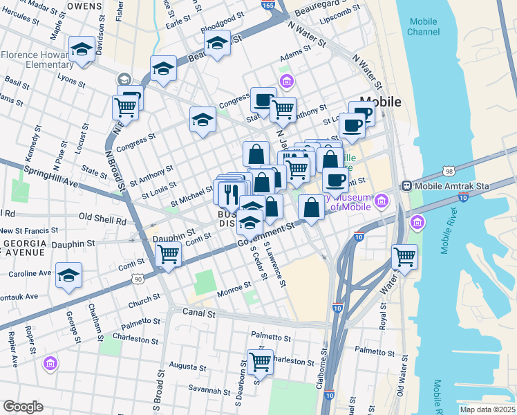 map of restaurants, bars, coffee shops, grocery stores, and more near 420 Dauphin Street in Mobile