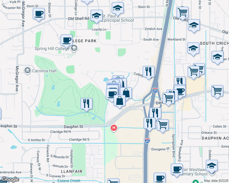 map of restaurants, bars, coffee shops, grocery stores, and more near 9 Du Rhu Drive in Mobile
