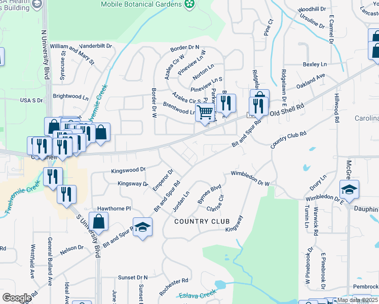 map of restaurants, bars, coffee shops, grocery stores, and more near 10 Westminster Way in Mobile