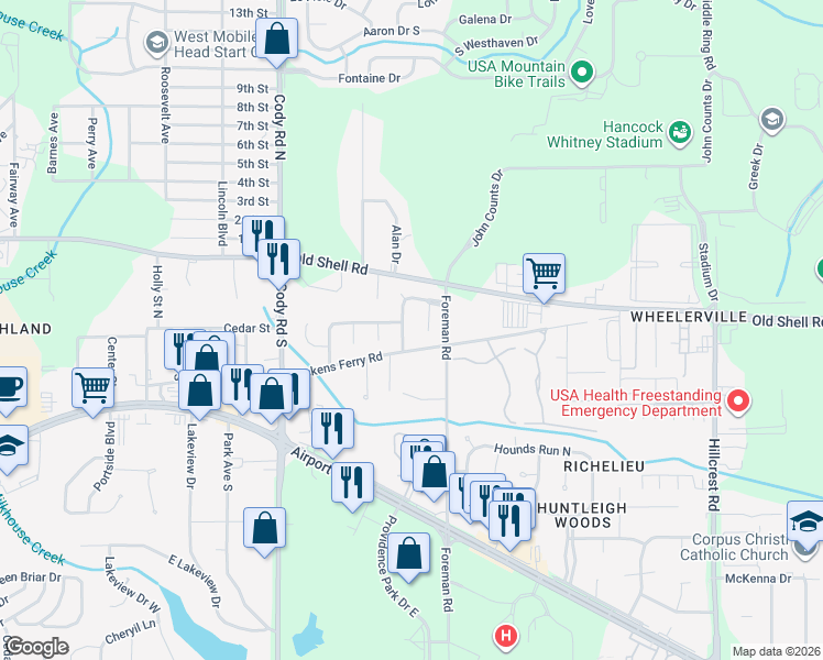 map of restaurants, bars, coffee shops, grocery stores, and more near 16 Cobblestone Way West in Mobile