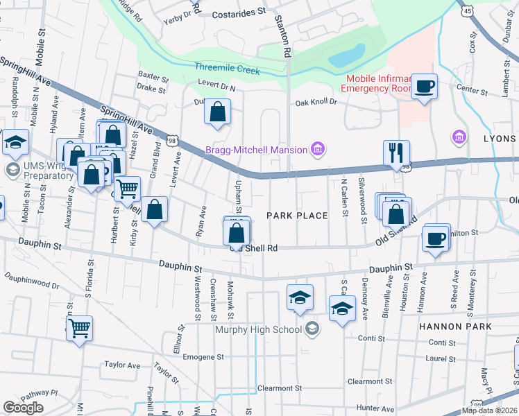 map of restaurants, bars, coffee shops, grocery stores, and more near 4 Upham Street in Mobile