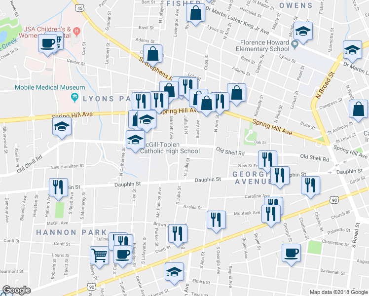 map of restaurants, bars, coffee shops, grocery stores, and more near 1353 Old Shell Road in Mobile