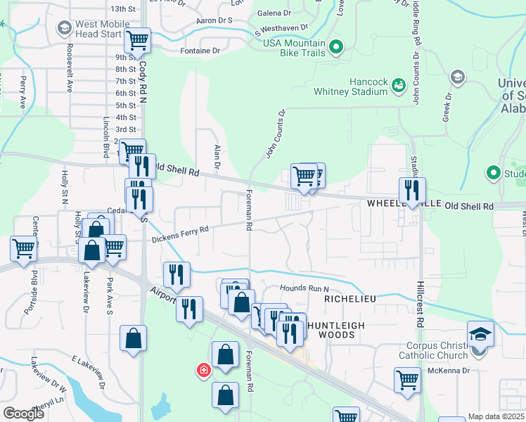 map of restaurants, bars, coffee shops, grocery stores, and more near 6788 Dickens Ferry Road in Mobile