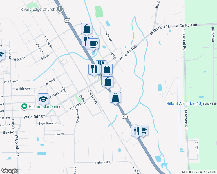 map of restaurants, bars, coffee shops, grocery stores, and more near 100 West 1st Street in Hilliard