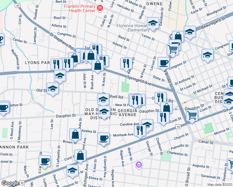 map of restaurants, bars, coffee shops, grocery stores, and more near 107 Michael Donald Avenue in Mobile