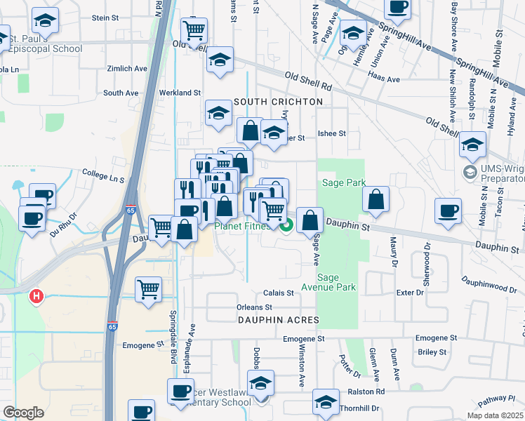 map of restaurants, bars, coffee shops, grocery stores, and more near 3081 Dauphin Street in Mobile