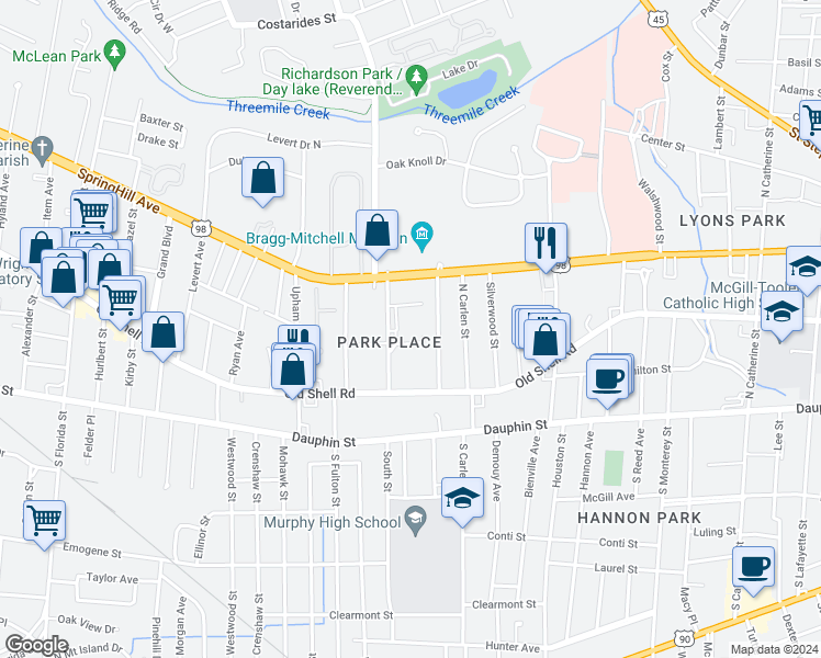map of restaurants, bars, coffee shops, grocery stores, and more near 148 Tuscaloosa Street in Mobile