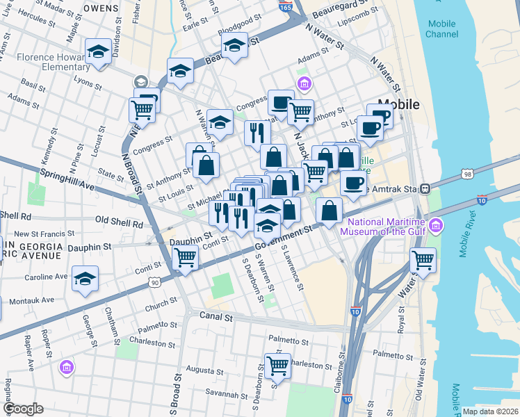 map of restaurants, bars, coffee shops, grocery stores, and more near 500 Dauphin Street in Mobile