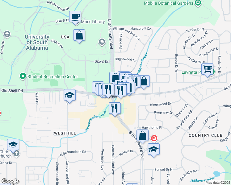 map of restaurants, bars, coffee shops, grocery stores, and more near 5660 Old Shell Road in Mobile