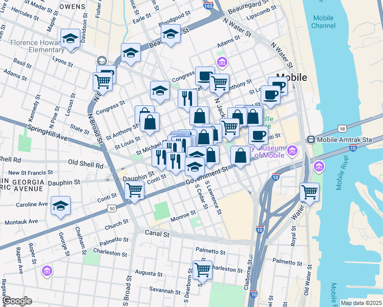 map of restaurants, bars, coffee shops, grocery stores, and more near 500 Dauphin Street in Mobile