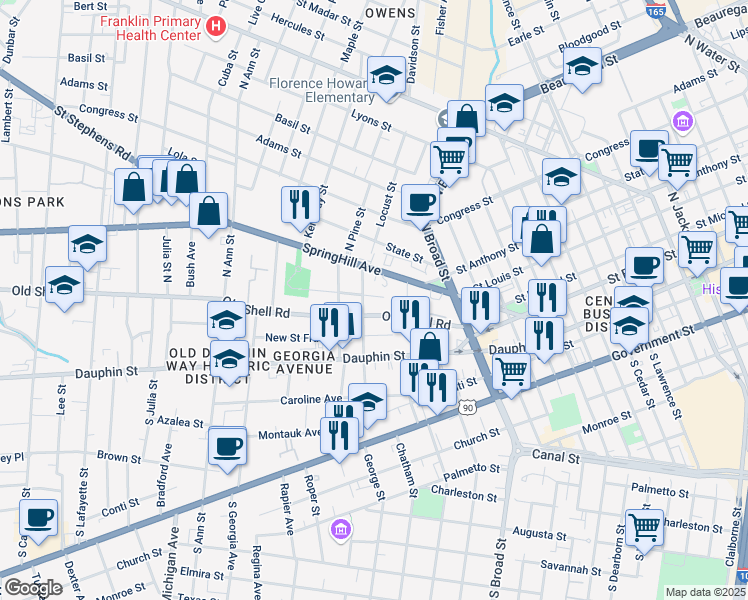 map of restaurants, bars, coffee shops, grocery stores, and more near 1005 Oak Street in Mobile
