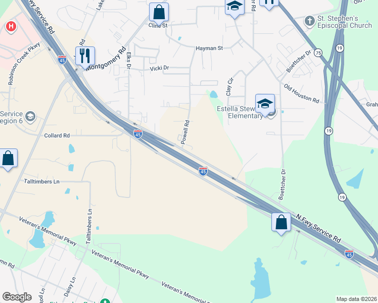 map of restaurants, bars, coffee shops, grocery stores, and more near 730 North Freeway Service Road in Huntsville