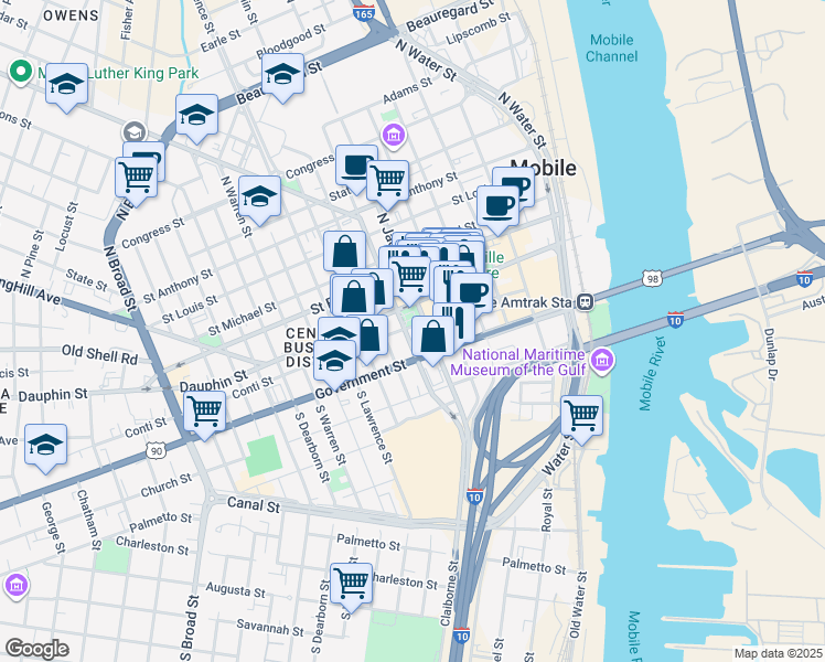 map of restaurants, bars, coffee shops, grocery stores, and more near 307 Conti Street in Mobile