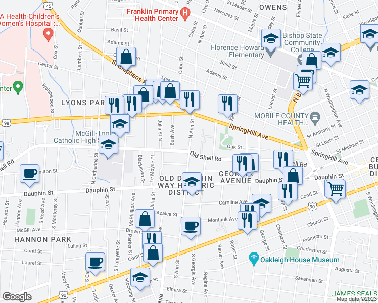 map of restaurants, bars, coffee shops, grocery stores, and more near Old Shell Road in Mobile