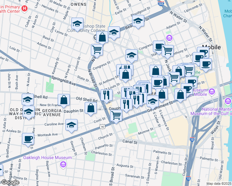 map of restaurants, bars, coffee shops, grocery stores, and more near 758 Saint Michael Street in Mobile