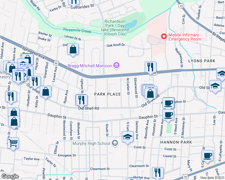 map of restaurants, bars, coffee shops, grocery stores, and more near 148 Tuscaloosa Street in Mobile