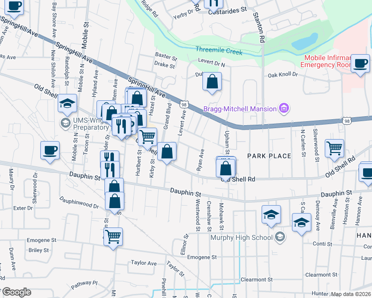 map of restaurants, bars, coffee shops, grocery stores, and more near 2301 De Leon Avenue in Mobile
