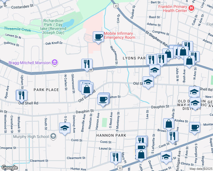 map of restaurants, bars, coffee shops, grocery stores, and more near 1711 Old Shell Road in Mobile
