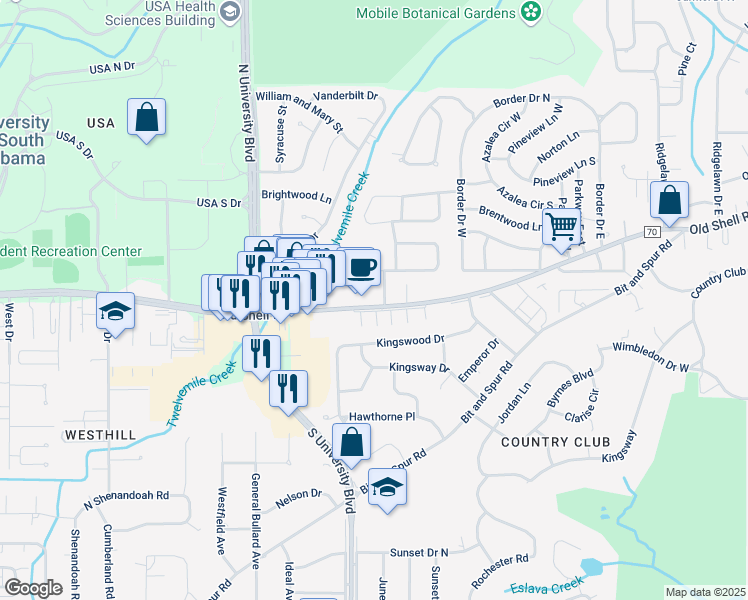 map of restaurants, bars, coffee shops, grocery stores, and more near 5452 Old Shell Road in Mobile