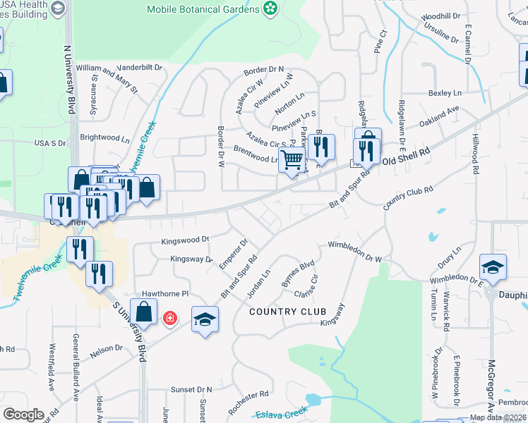 map of restaurants, bars, coffee shops, grocery stores, and more near 10 Westminster Way in Mobile