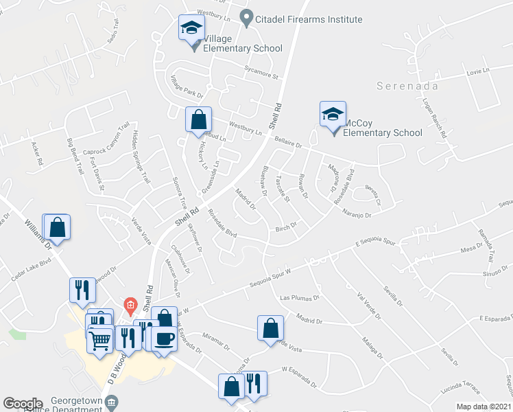 map of restaurants, bars, coffee shops, grocery stores, and more near 4718 Madrid Drive in Georgetown