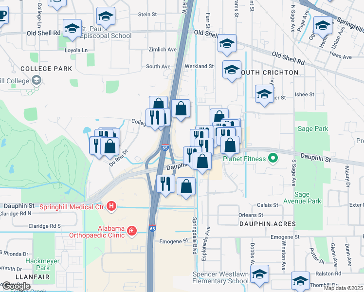 map of restaurants, bars, coffee shops, grocery stores, and more near 3290 Dauphin Street in Mobile
