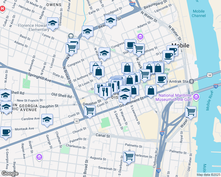 map of restaurants, bars, coffee shops, grocery stores, and more near 601 Saint Francis Street in Mobile