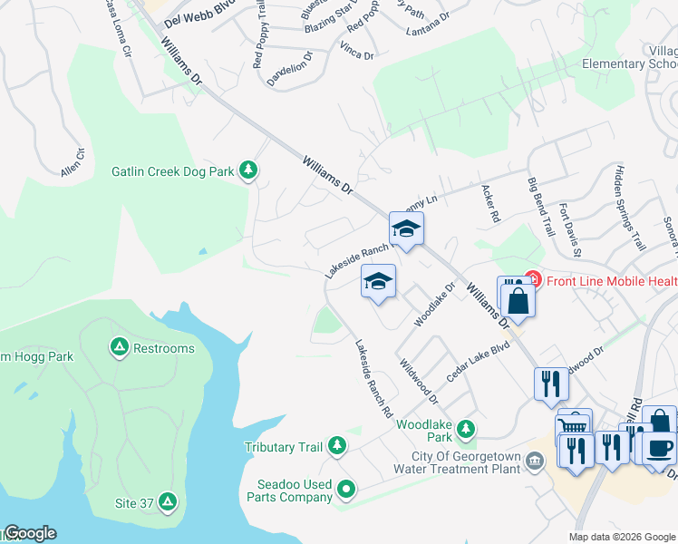 map of restaurants, bars, coffee shops, grocery stores, and more near 1225 Lakeside Ranch Road in Georgetown