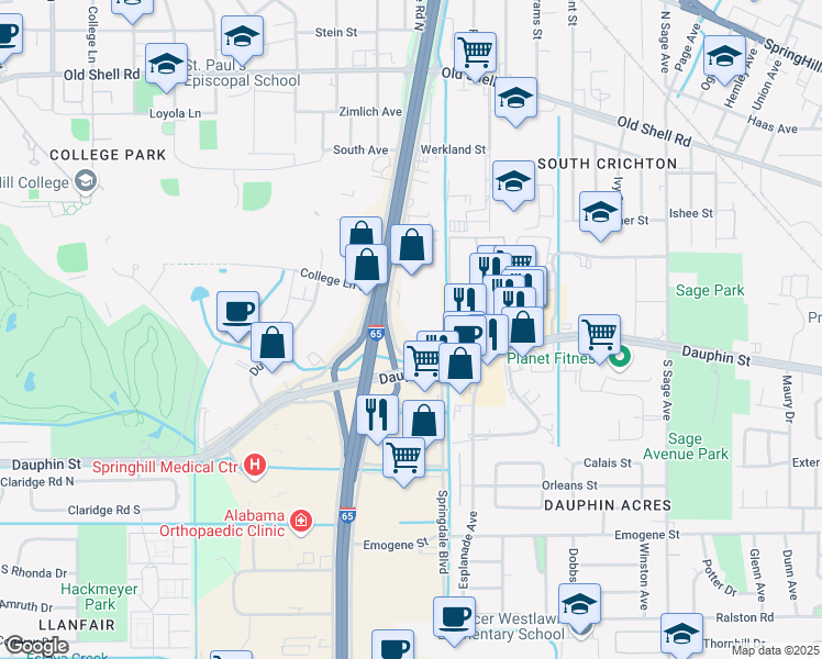 map of restaurants, bars, coffee shops, grocery stores, and more near 3290 Dauphin Street in Mobile