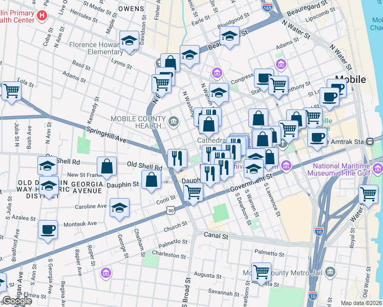 map of restaurants, bars, coffee shops, grocery stores, and more near 758 Saint Michael Street in Mobile