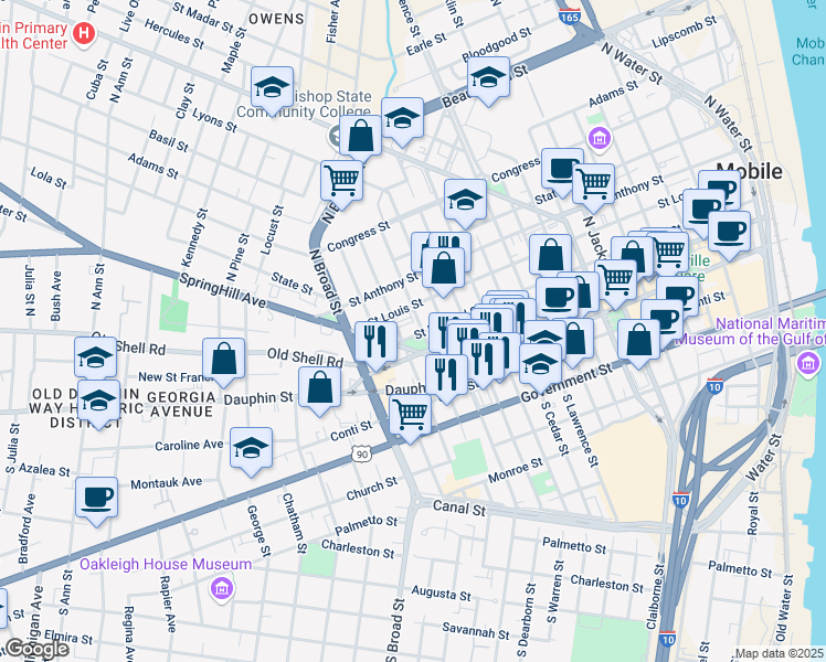 map of restaurants, bars, coffee shops, grocery stores, and more near 758 St Michael St in Mobile