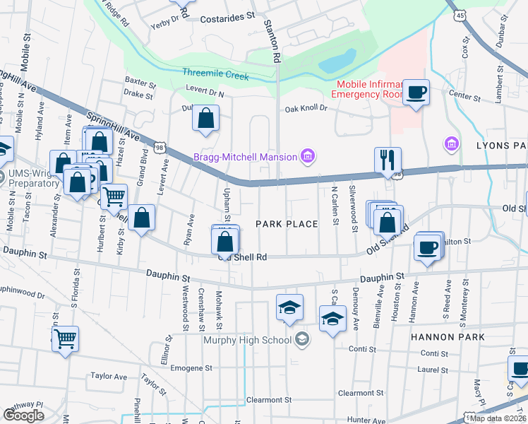 map of restaurants, bars, coffee shops, grocery stores, and more near 130 Florence Place in Mobile
