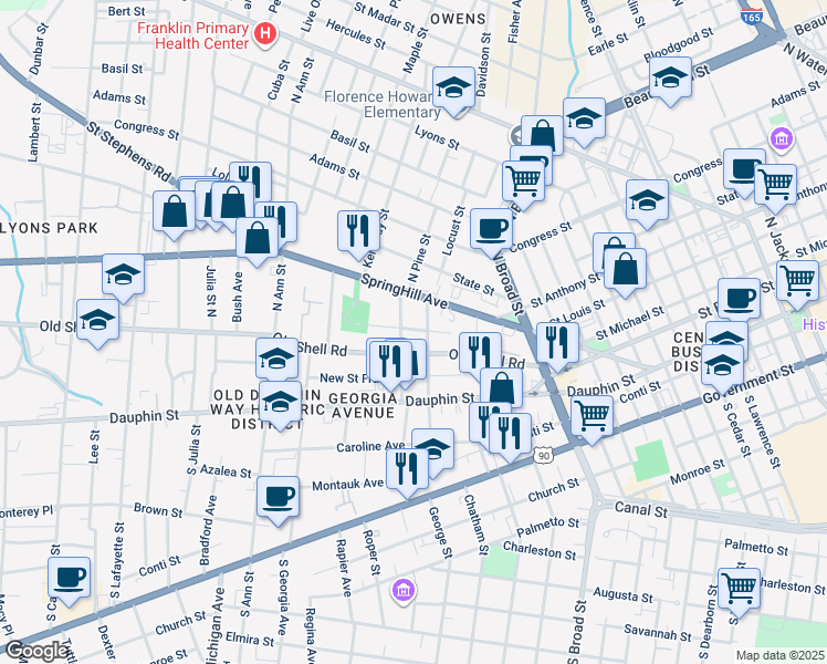 map of restaurants, bars, coffee shops, grocery stores, and more near in Mobile