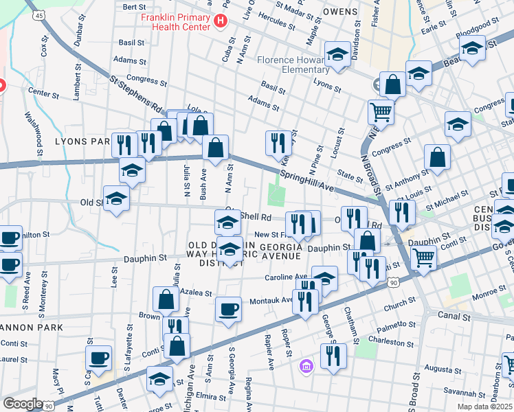 map of restaurants, bars, coffee shops, grocery stores, and more near 107 Michael Donald Avenue in Mobile