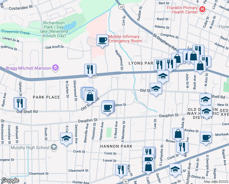 map of restaurants, bars, coffee shops, grocery stores, and more near 1711 Old Shell Road in Mobile